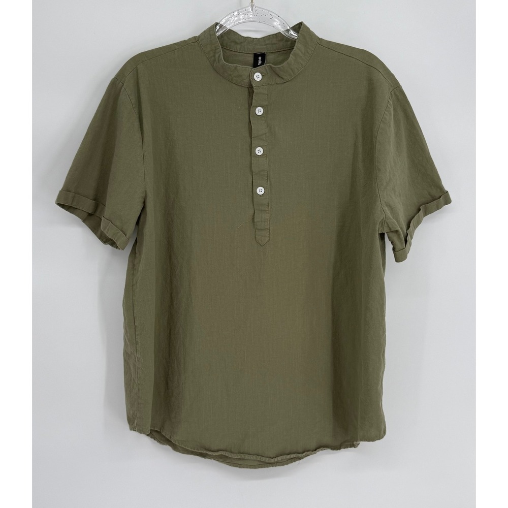 Ouku Outwoods Olive Green Linen Blend Mandarin Collar Short Sleeve Shirt Sz XL